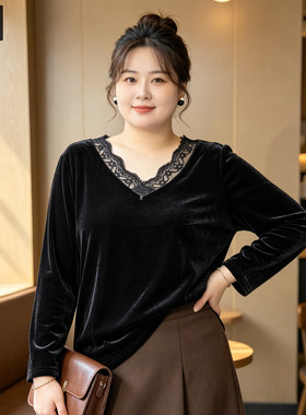 甜觅特大码女装300斤秋季V领胖mm后背蝴蝶蕾丝拼接显瘦丝绒打底衫