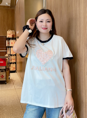 甜觅特大码女装2023夏装胖mm320斤时尚洋气爱心烫钻宽松T恤DF