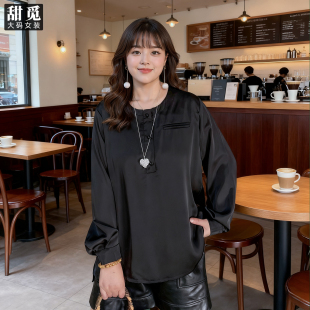 女装 宽松缎面圆领衬衫 春秋装 中长款 胖mm300斤加大码 甜觅特大码