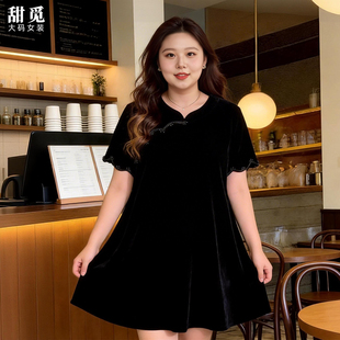 胖mm300斤胖妹妹赫本小黑裙丝绒立领连衣裙 春夏装 甜觅特大码 女装