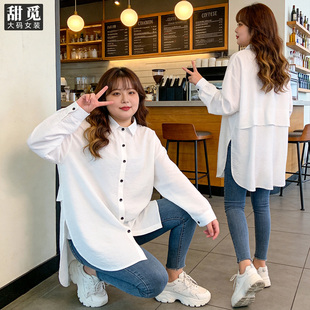 女装 胖妹妹衬衫 春夏装 长款 胖mm260斤简约百搭宽松大版 甜觅特大码