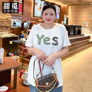 胖mm300斤字母印花中長款 甜覓特大碼 女裝 2024夏季 寬松圓領(lǐng)T恤DF