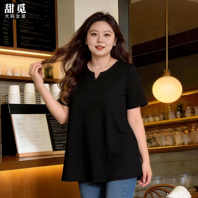 甜觅特大码女装夏装胖mm300斤胖妹妹宽松显瘦新中式盘扣中长款T恤