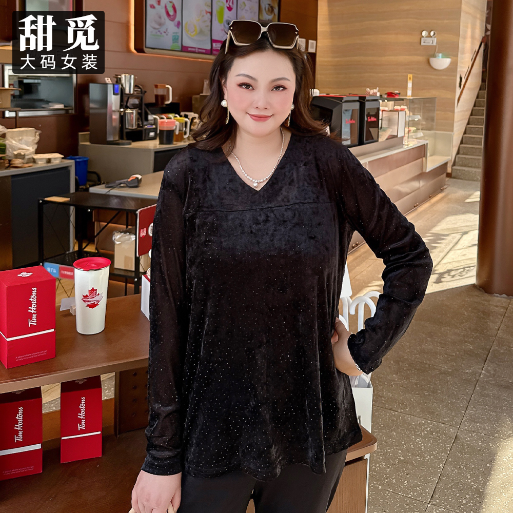 甜觅特大码女装2025秋装胖mm300斤淑女气质满钻显瘦V领网纱打底衫