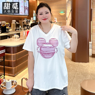 甜觅特大码女装夏季胖mm320斤时尚米奇印花中长款V领T恤DF