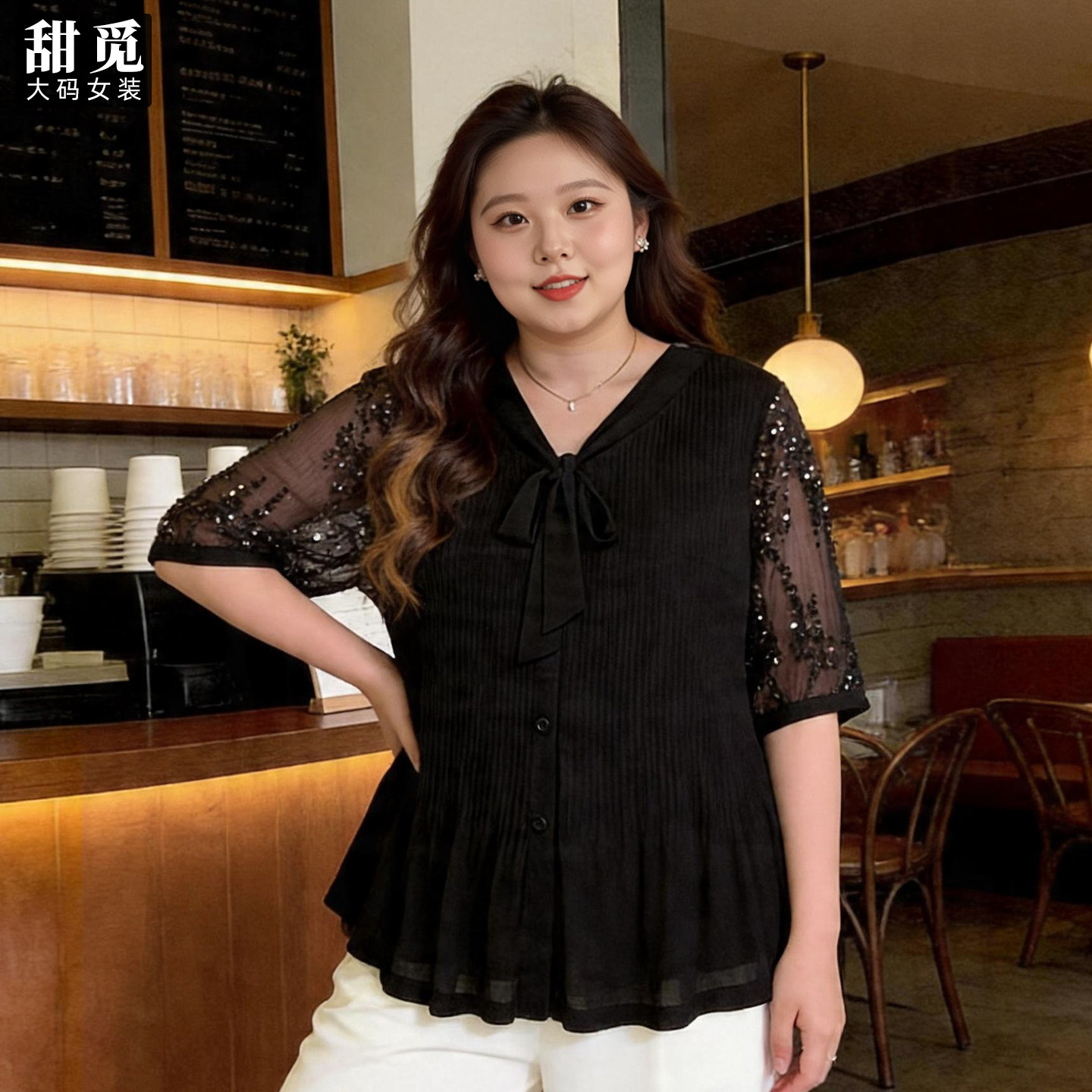 甜觅特大码女装夏装胖mm300斤气质蝴蝶结重工褶衣显瘦宽松雪纺衫