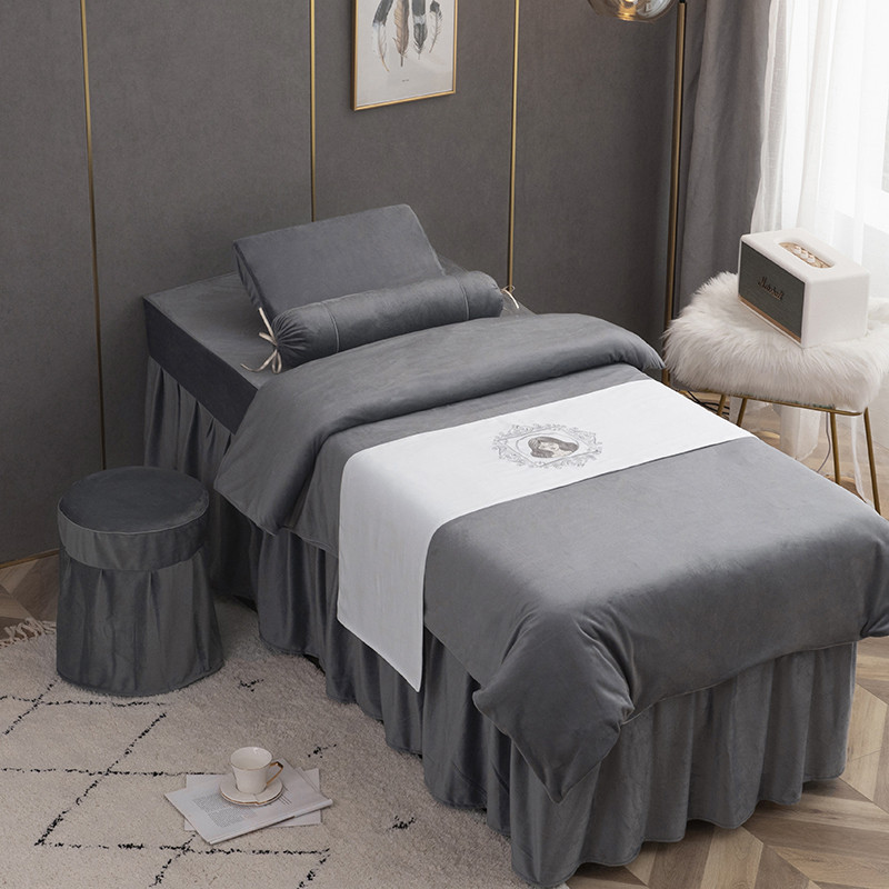 美容床罩四件套纯色简约纹绣美体理疗推拿按摩床罩欧式可定制logo