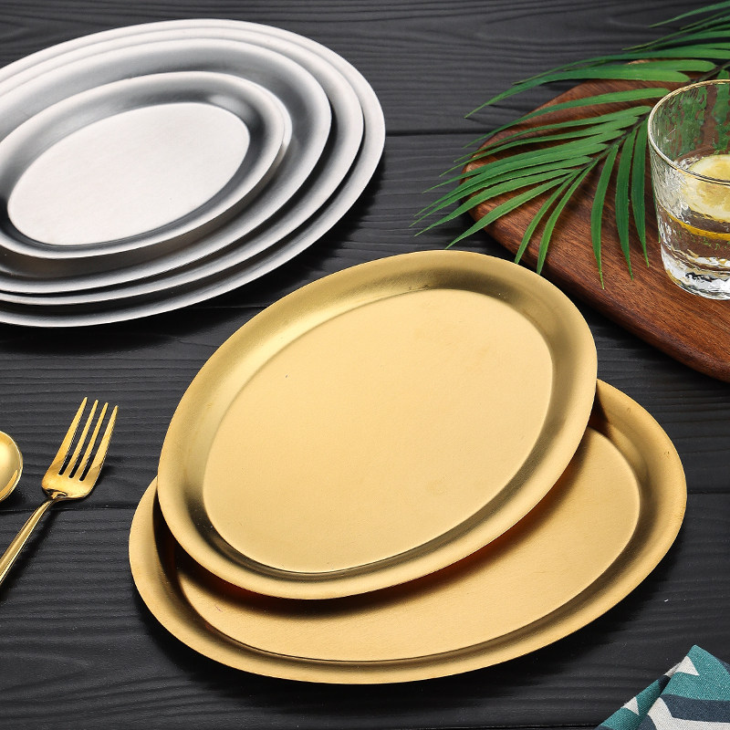 椭圆盘304不锈钢金色点心甜品蛋糕托盘旦形盘平盘蒸鱼盘菜盘浅盘