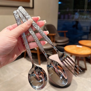 轻奢贵族款岩石纹！304不锈钢餐具勺子叉子家用餐厅主餐勺刀叉勺