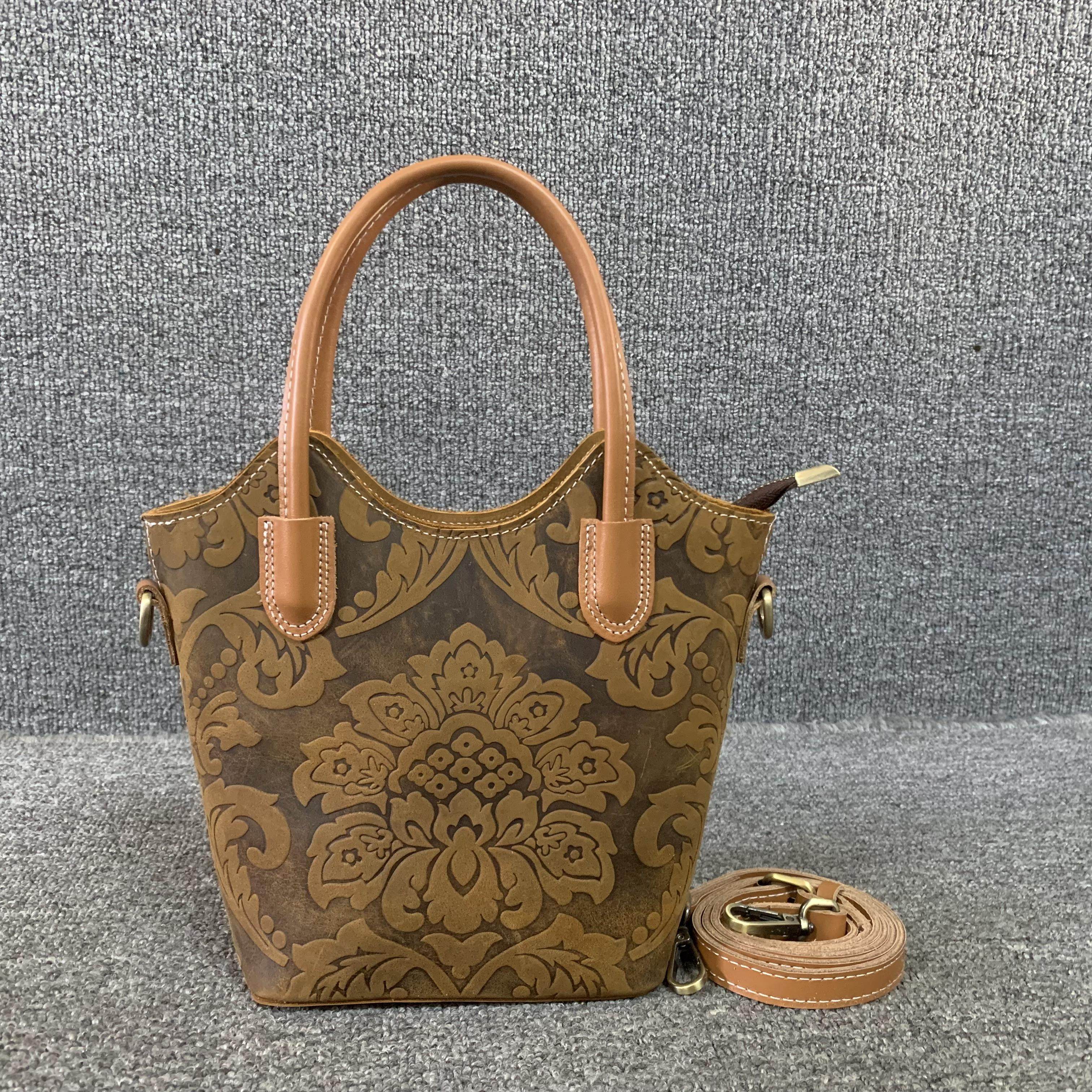 复古感超缵！真皮女包复古头层疯马牛皮手提单肩简约压花晚宴水桶,箱包皮具/热销女包/男包,水桶包,淘宝优惠券,粉丝福利购,淘宝优惠卷