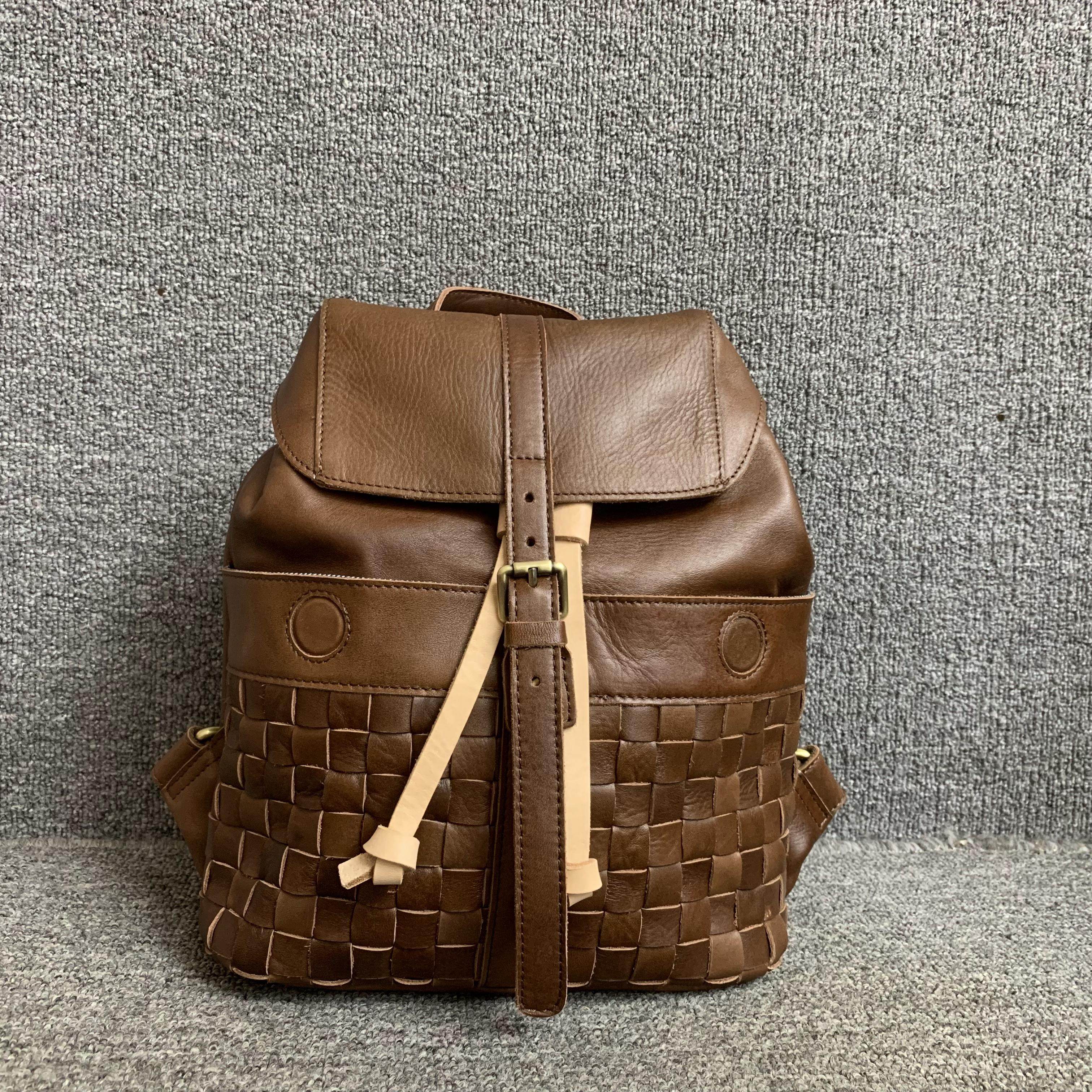 复古真皮背包韩版百搭时尚头层牛皮编织男女通用简约双肩背包轻便