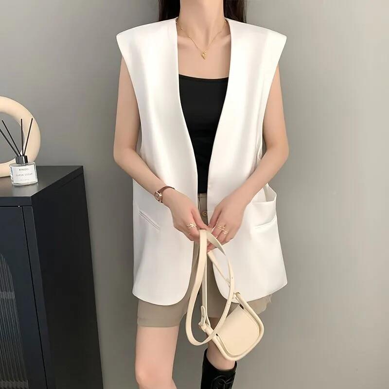 9115英伦风小众设计装马甲女夏中长款西韩版宽松尚坎肩时外背搭心