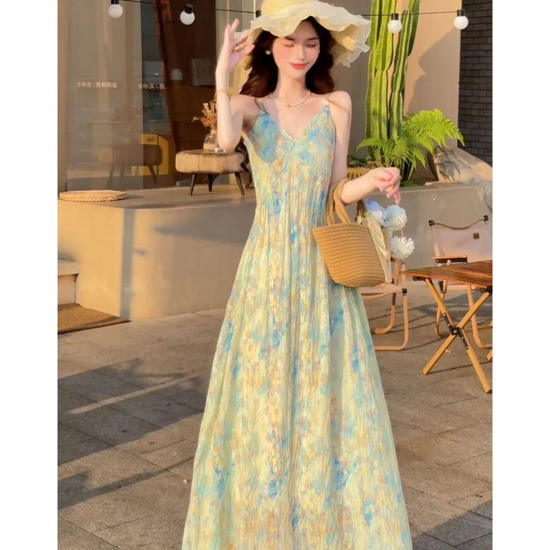 法式碎35732连衣裙清新新款绿色花计收腰吊带夏气质小众设感度假
