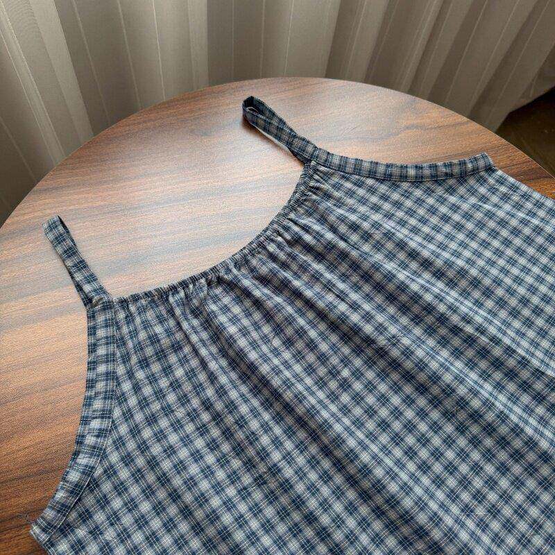 春日秋PBT纯棉水季洗棉布吊带睡裙女夏家格子系吊带裙薄款睡衣居