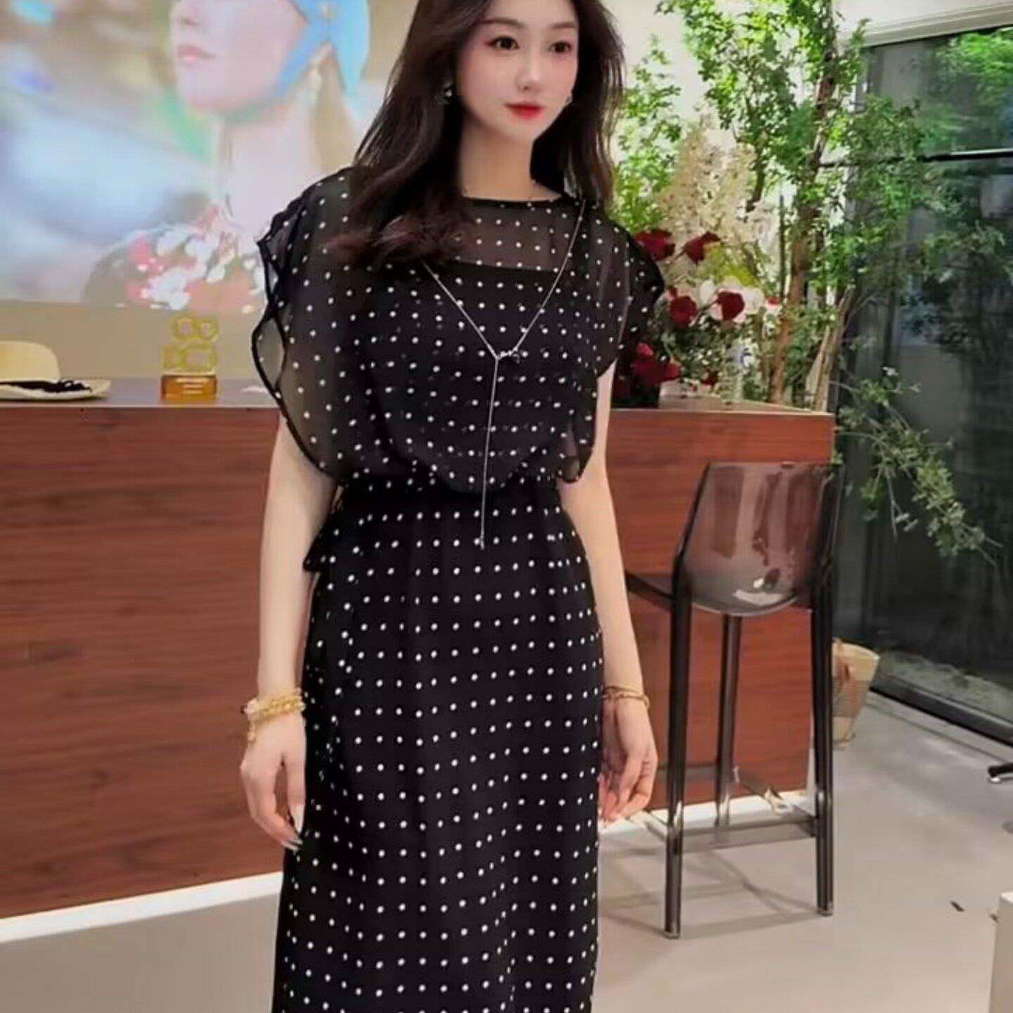 黑色假两件PHE连衣女夏202新款收腰系带优雅裙气季质波6点雪纺中