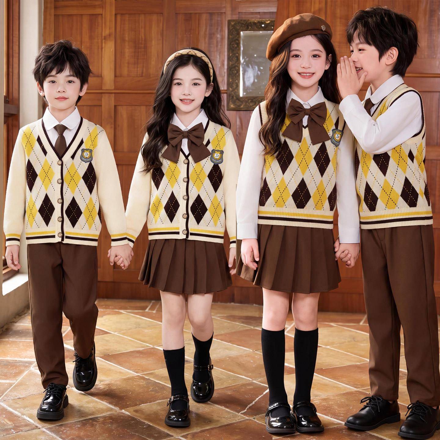 装英伦风小学生校服秋幼三儿园服针织开衫春马甲DBN件套儿童演出
