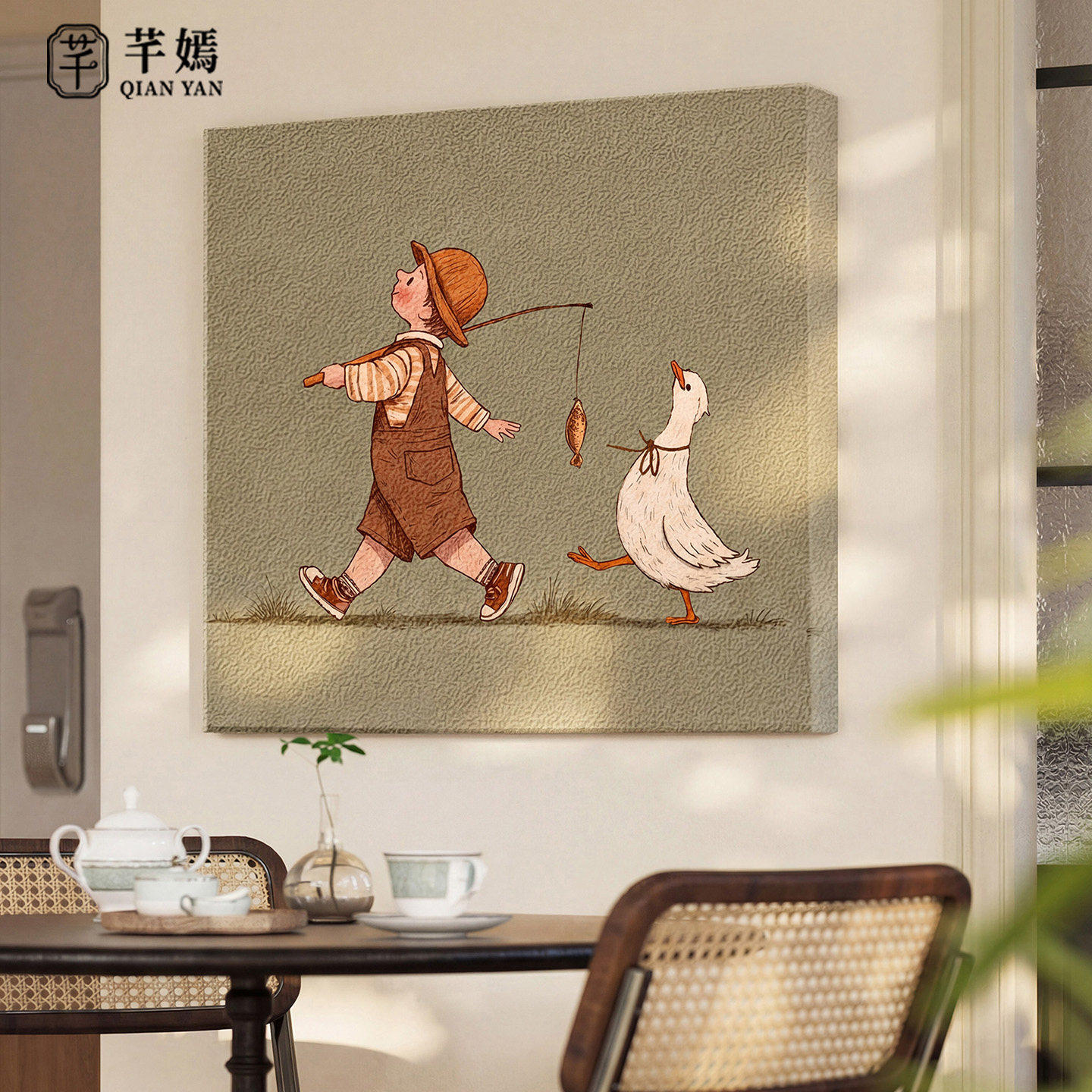 可爱人物餐厅装饰画趣味餐桌背景墙挂画卡通儿童卧室高级感砂岩画