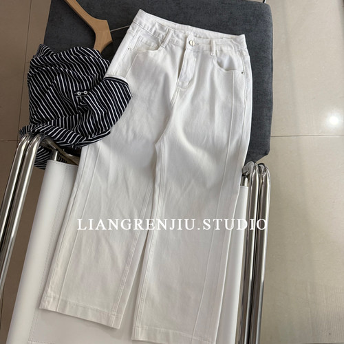 四面弹。渠道货。九分高腰巨好穿白色牛仔裤8339DR