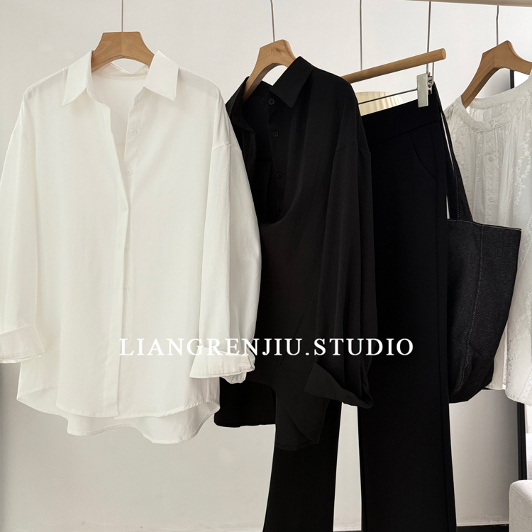 翻领长袖纯色百搭衬衫