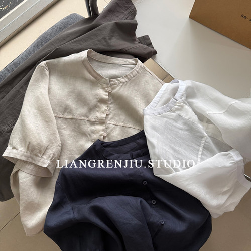 100苎麻。雅致短袖上衣衬衫。品牌公司货685070W