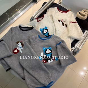 毛巾立体猫咪狗子刺绣。秋冬百搭点子纱优质撞色针织衫毛衣B