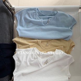 普普风。斜裁设计。显瘦显腰。薄款针织夏季短袖3343XR