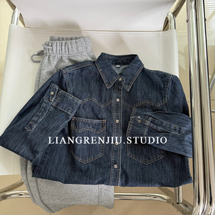 高品质烟灰蓝。翻领按扣长袖春款牛仔精致衬衫0710B6R