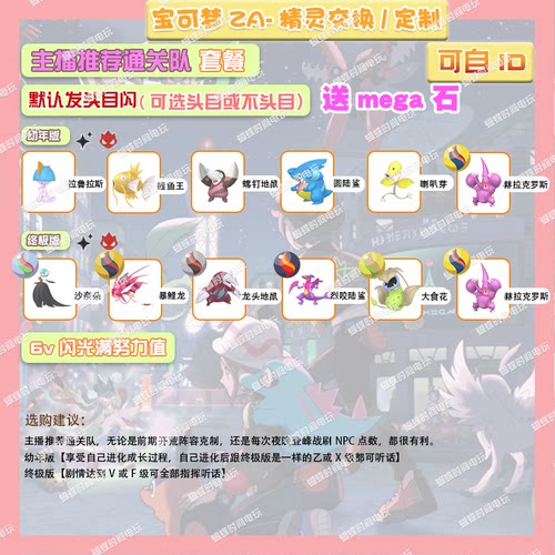 switch 宝可梦ZA 推荐通关队套餐送mega石 定制头目6V闪光自ID