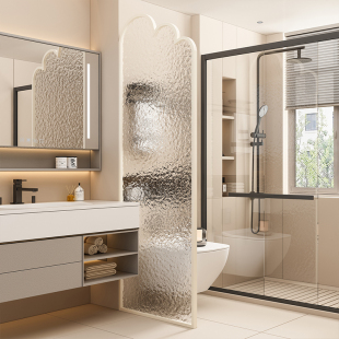 卫生间奶油风干湿分离长虹玻璃隔断洗手台浴室半墙简约水波纹屏风