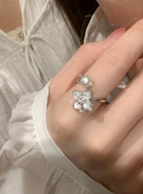 森系珐琅蓝白花瓣锆石蝴蝶开口戒指轻奢洋气气质小众感指环女