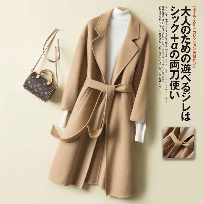 秋冬新款双面呢羊毛大衣女中长款毛呢子外套羊绒西装领赫本风系带