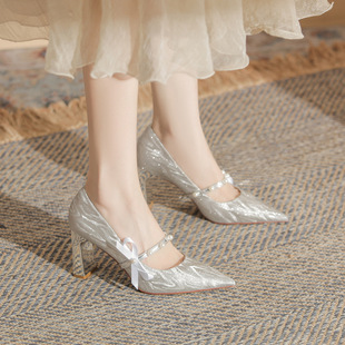 新娘鞋 品牌金罡H6098粗跟尖头高跟单鞋 软底婚鞋 秋百搭法式 女新款