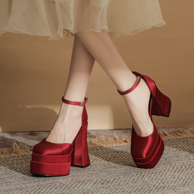 品牌金罡MY12005方头粗跟中空双层防水台超高跟单鞋女婚鞋新娘鞋