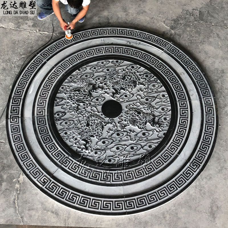 石雕浮雕四只狮子戏珠戏球天然石材圆形地雕祥云回纹边框拼装壁画
