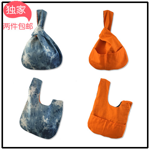 原创手工水洗牛仔撞橘色日式手拎包袋 两面用特色小手提包 新品