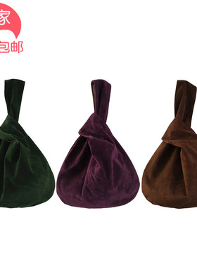 悠遊记 自制 墨绿深棕紫色绒布日式文艺复古套结手腕包散步手拎包