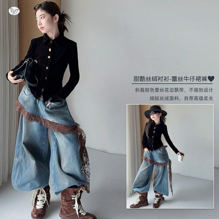 女童深秋新款韩版丝绒衬衫蕾丝屁帘牛仔阔腿裤套装中大童老爹裤潮图片