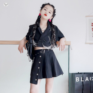 女童短袖套装裙西甲jk制服裙洋气露脐西装两件儿童百褶裙夏款裙子