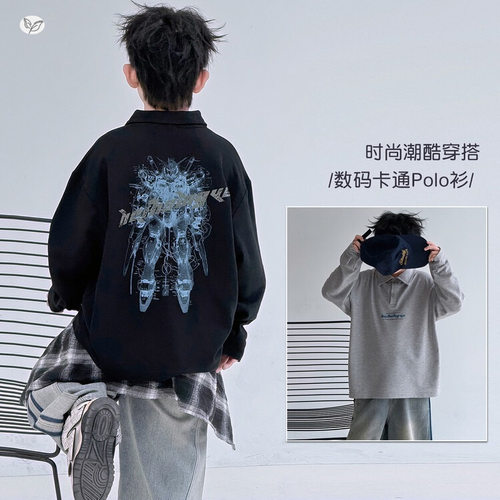 男童卡通POLO衫2026秋新款中大童字母印花卫衣打底衫儿童长袖T恤