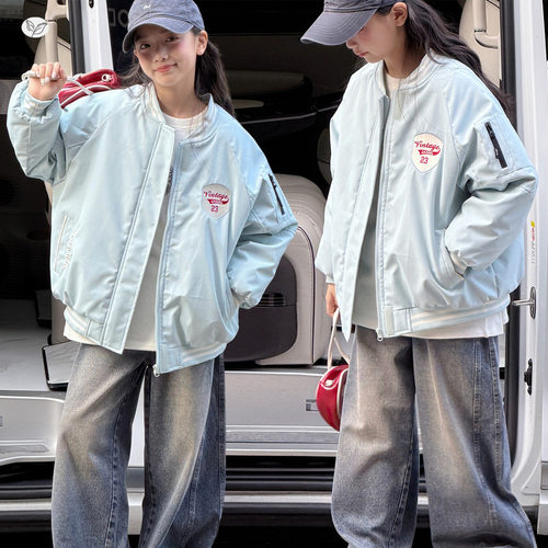 女童冬装外套2026新款加棉中大儿童休闲棒球服冬季女孩加绒牛仔裤