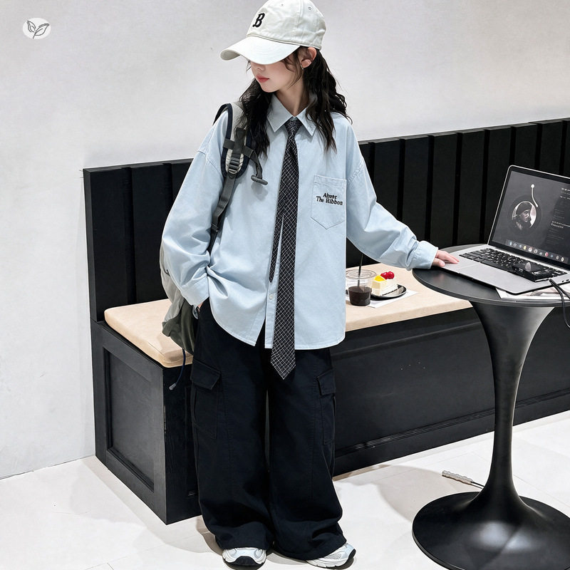 女童衬衫2026秋新款中大童学院风刺绣衬衣送领带儿童长袖上衣秋装图片
