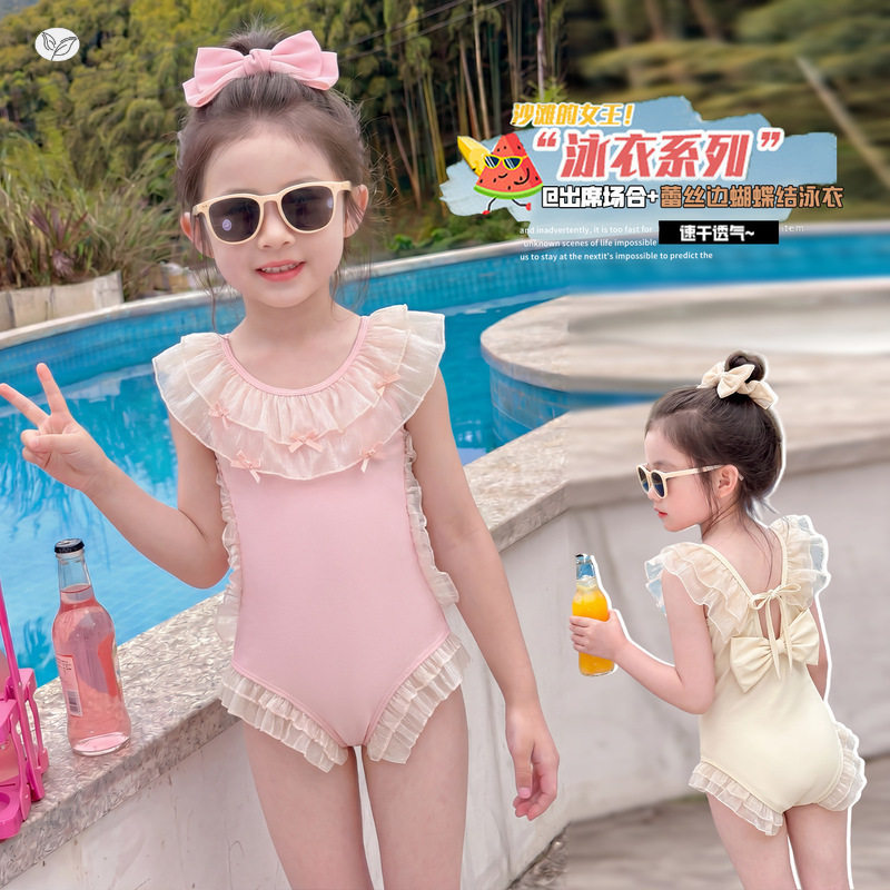 女童夏款泳服2026新款女孩洋气甜美泳装中大童韩系蕾丝边连体泳衣