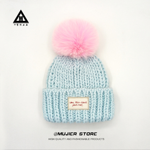 冰岛手钩粗线针织帽子女秋冬保暖大头显脸小护耳狐狸毛球毛线帽潮