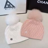 法国M标狐狸毛球帽女秋冬季 百搭保暖羊毛针织毛线帽男潮柔软防风
