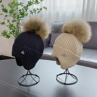 法国M标羊毛貉子毛球雷锋帽子女秋冬季儿童保暖护耳针织毛线帽男