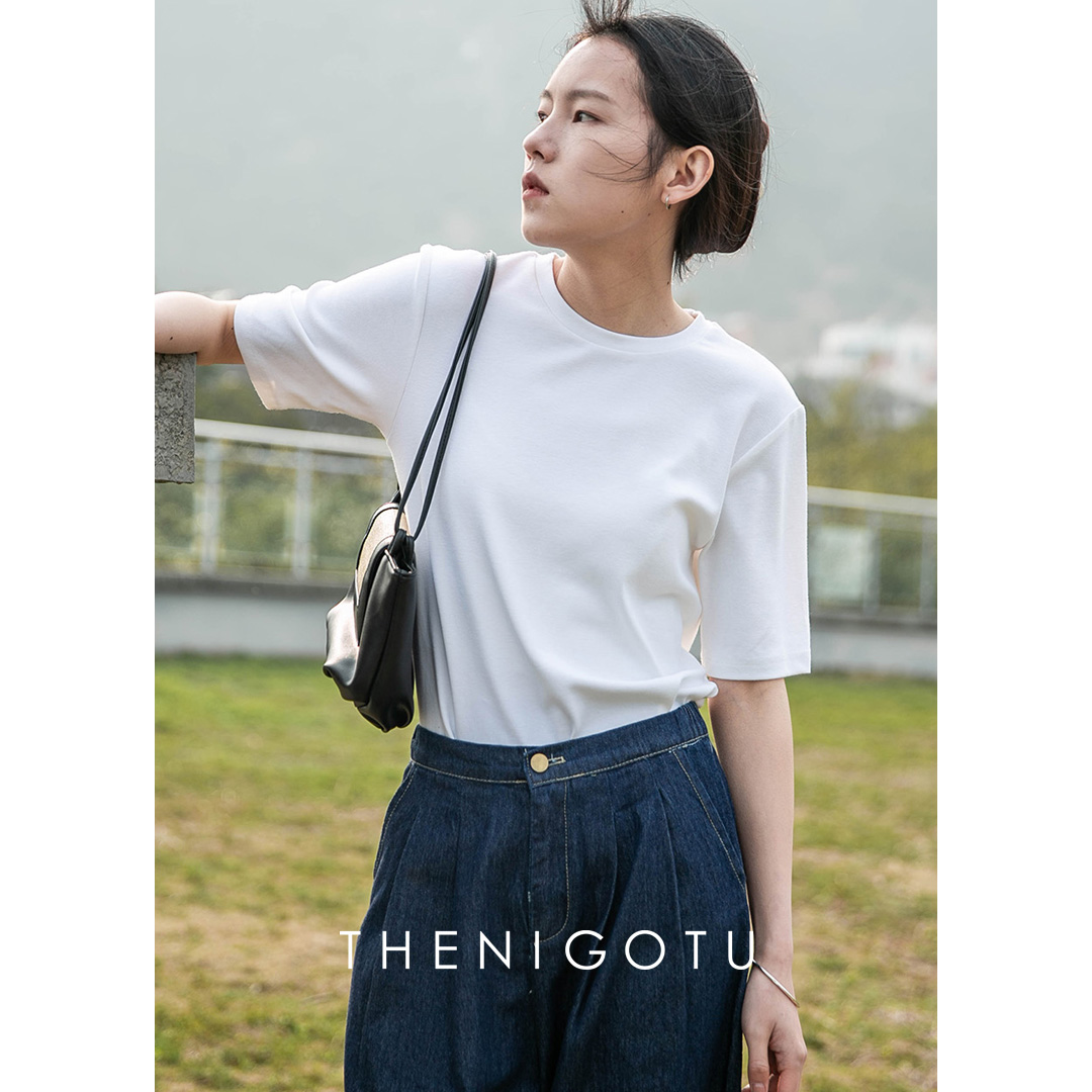 DOROTHY丨短袖T恤女2023新款夏宽松百搭休闲纯色圆领打底白色上衣