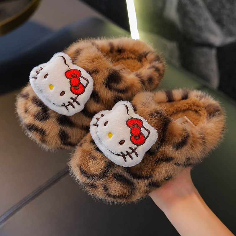 三丽鸥正品新款豹纹 Kitty女童棉拖鞋秋冬加厚软乎乎居家保暖拖鞋