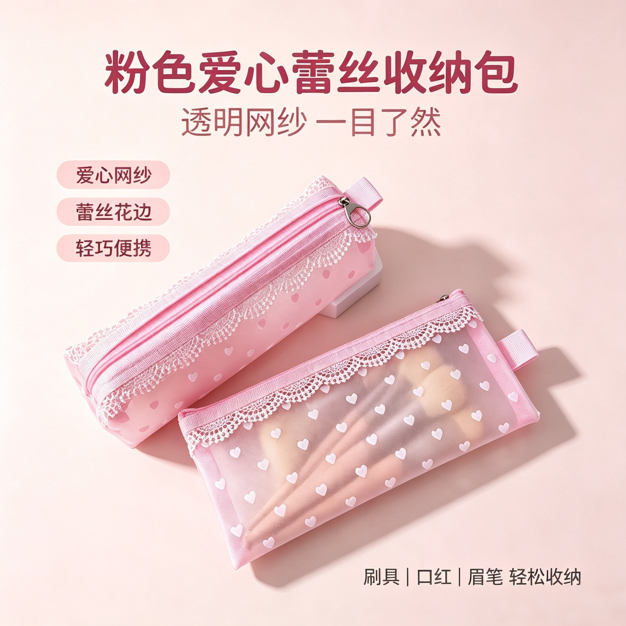 ins网纱化妆包爱心收纳包透明便携旅行收纳袋植绒化妆刷包眉笔袋图片