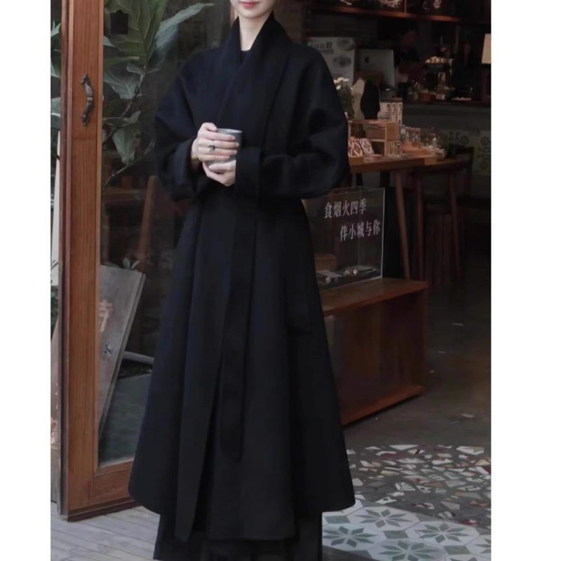 黑色双面羊绒大衣女中长款大翻领毛呢外套赫本风2025秋冬新款