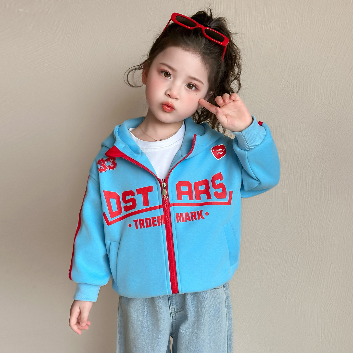 女童春秋连帽拉链外套2026新款女孩春天韩式休闲百搭宽松蓝色上衣